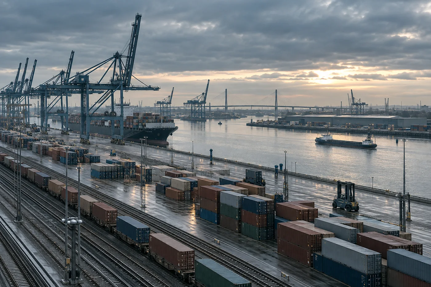 Güterhafen mit Kränen und Lagerflächen als Motiv zur Lieferkettenanalyse